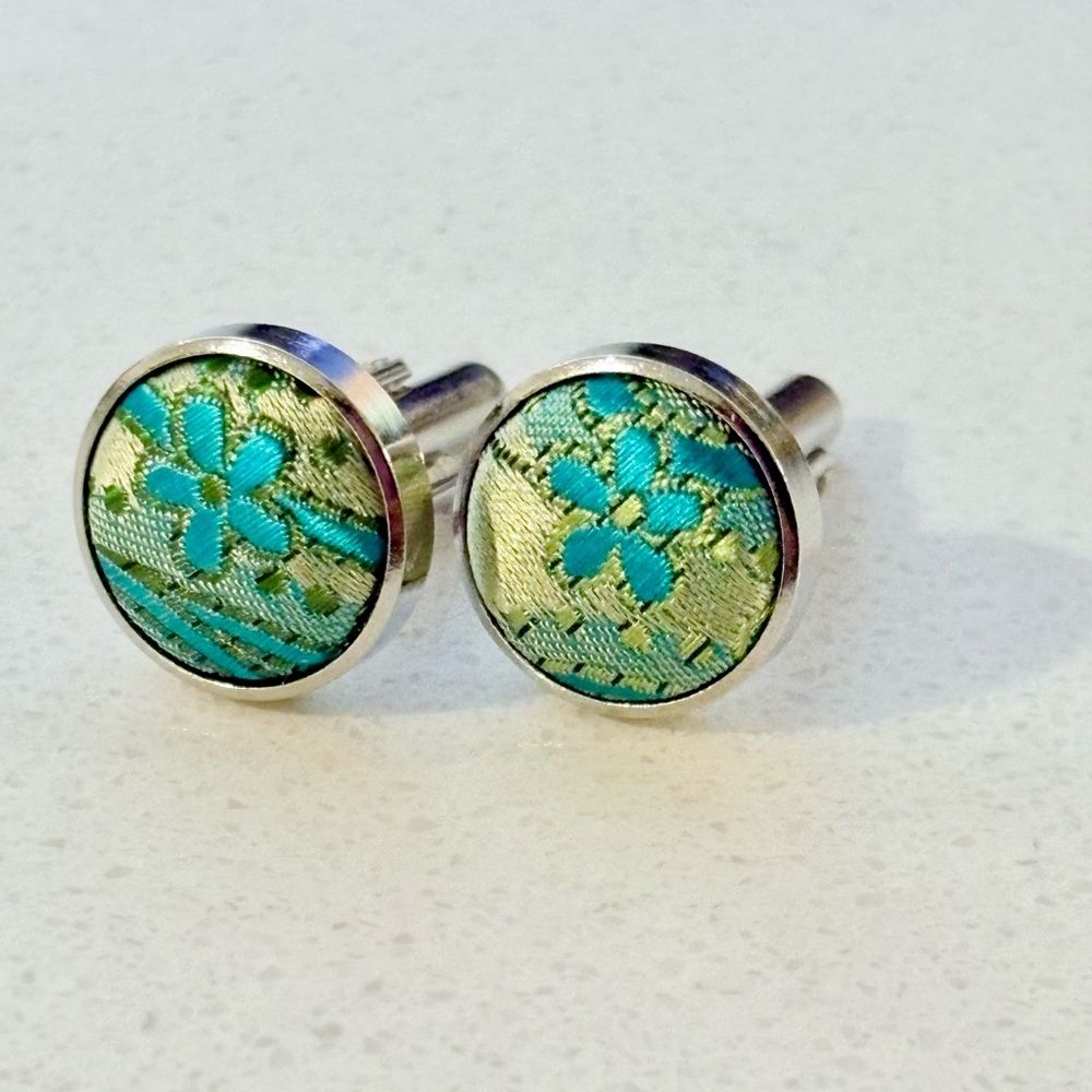 Vintage Floral Embroidered Silver Cufflinks